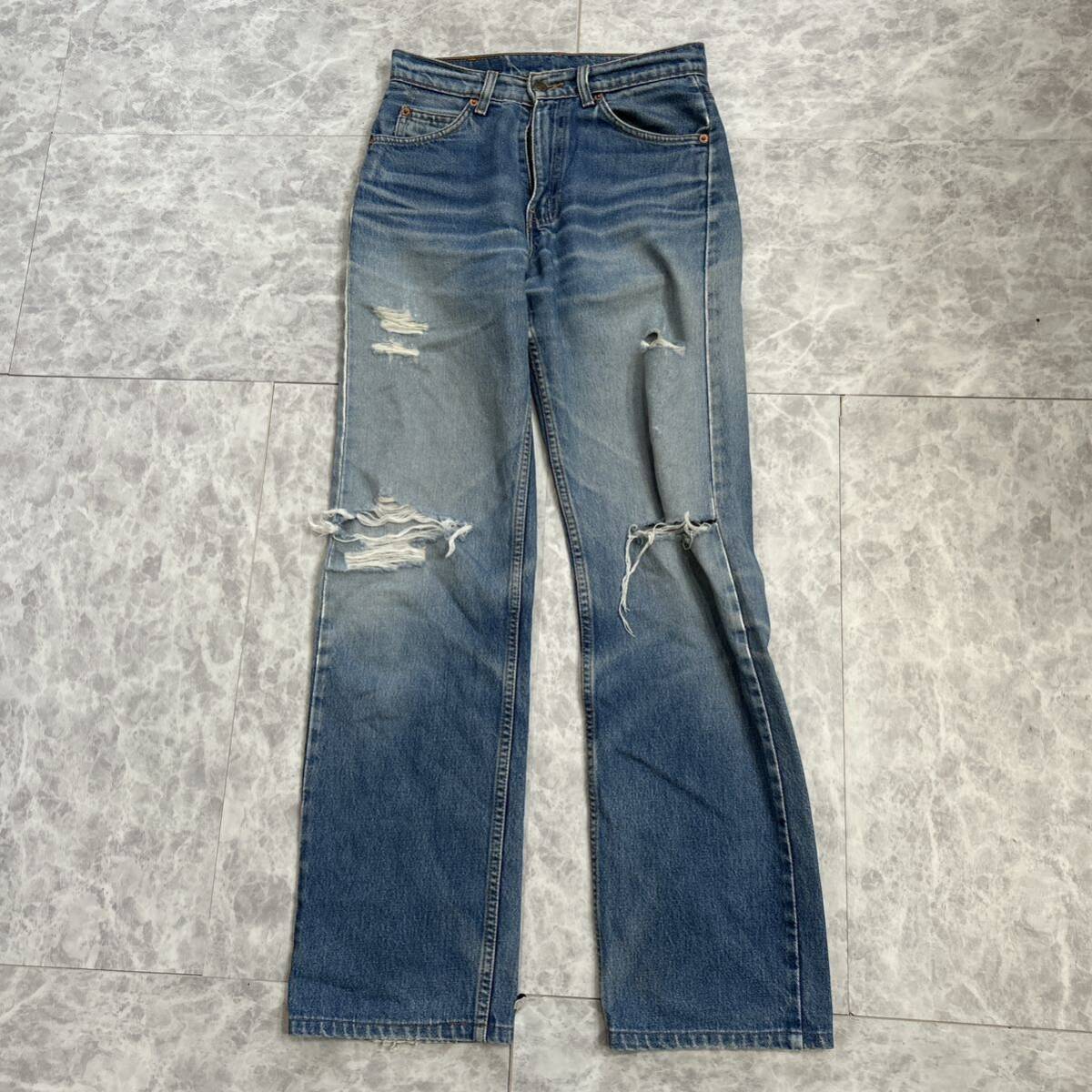 JJ ■ 古着 '希少 90's ビンテージ' LEVI’S リーバイス 612 オレンジタブ ボタン裏 刻印 P44 ダメージ加工 デニムパンツ ジーンズ W28 L34_画像2