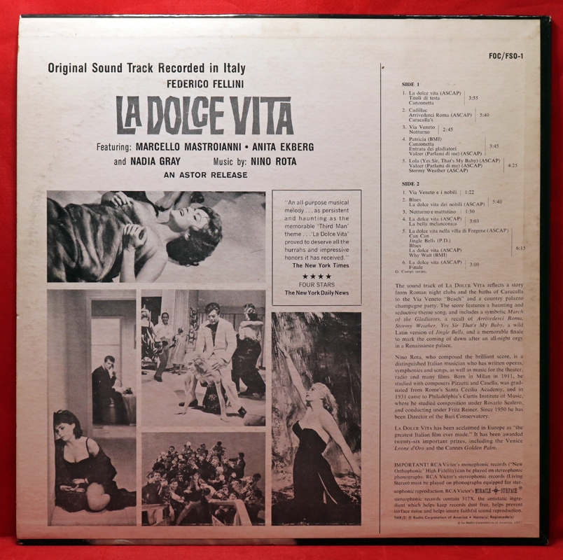 🇮🇹🇺🇸 OST！配給元アスター社の冊子【1960年 US RCA ORG DG】Nino Rota 甘い生活 La Dolce Vita　再生良_画像3