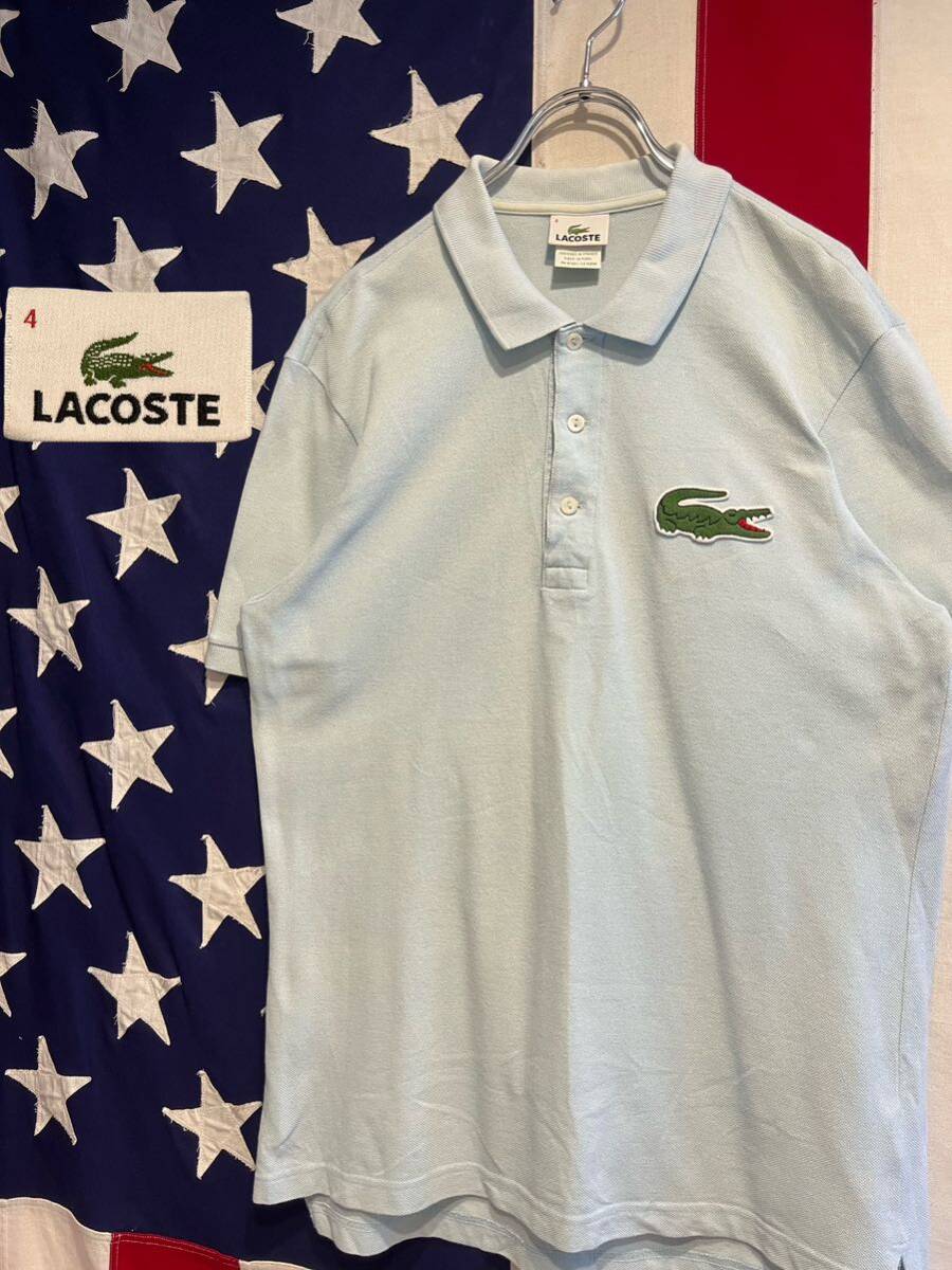 ★90s★DEVANLAY社製★フランスデザイン★ペルー製★LACOSTE★ラコステ★半袖ポロシャツ★ビッグワニ★水色★4★Lサイズ相当★ヴィンテージ_画像1