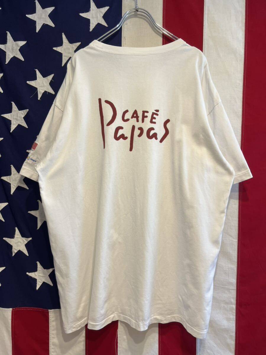 * made in Japan * single stitch *PAPAS CAFE* Papas Cafe * short sleeves T-shirt * star article flag * sleeve Logo patch * back Logo * white * white *50L size *