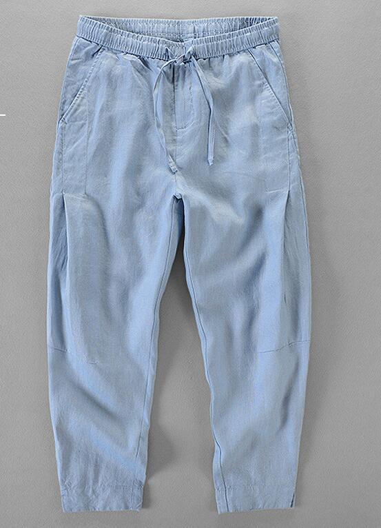 秋新品 リネンパンツ メンズ チノパン 麻100％ イージーパンツ 紳士パンツ 最高級 サルエルパンツ 無地 リブパンツ 四色選択 ブルー