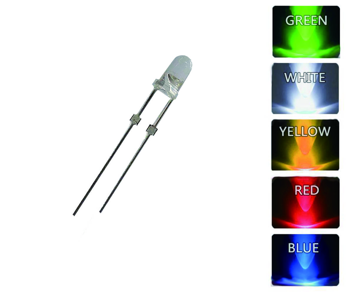 3mm cannonball type LED 5 color white blue red green yellow each color 20 piece total 100 piece set 