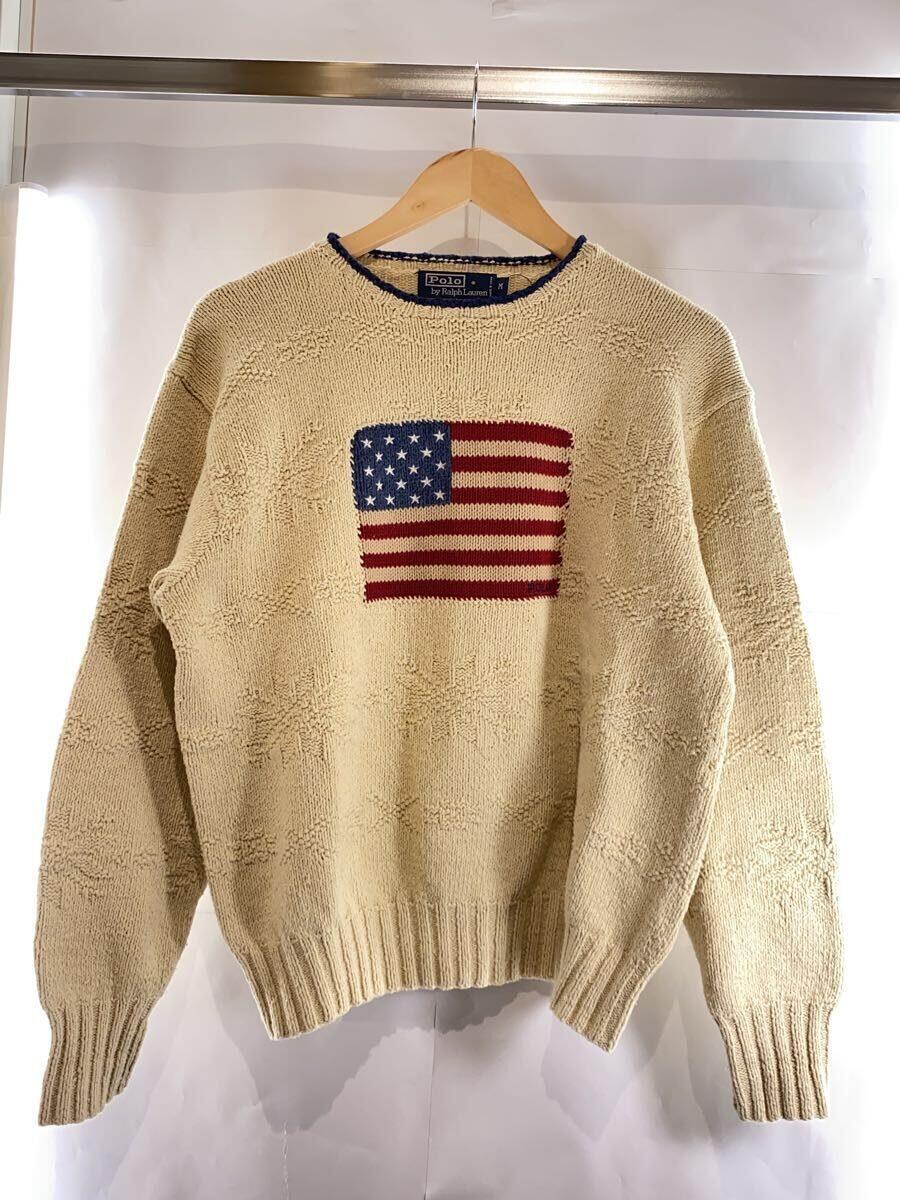 POLO RALPH LAUREN◆90s～/国旗/HAND KNIT/セーター(薄手)/M/コットン/ベージュ_画像1