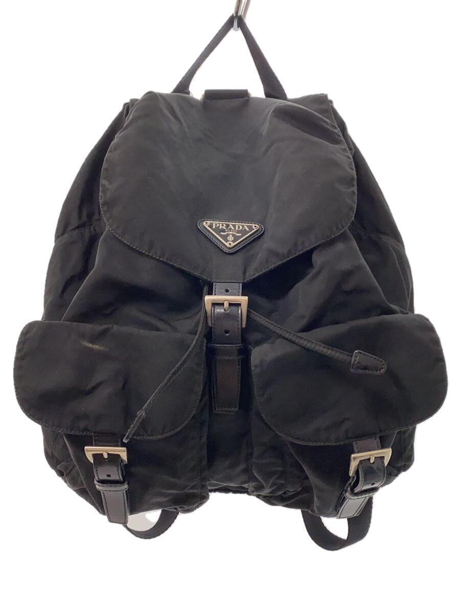 PRADA◇リュック/ナイロン/ブラック/無地/ポケット×2/内ポケット PRADA◇リュック/ナイロン/ブラック/無地/ポケット×2/内ポケット