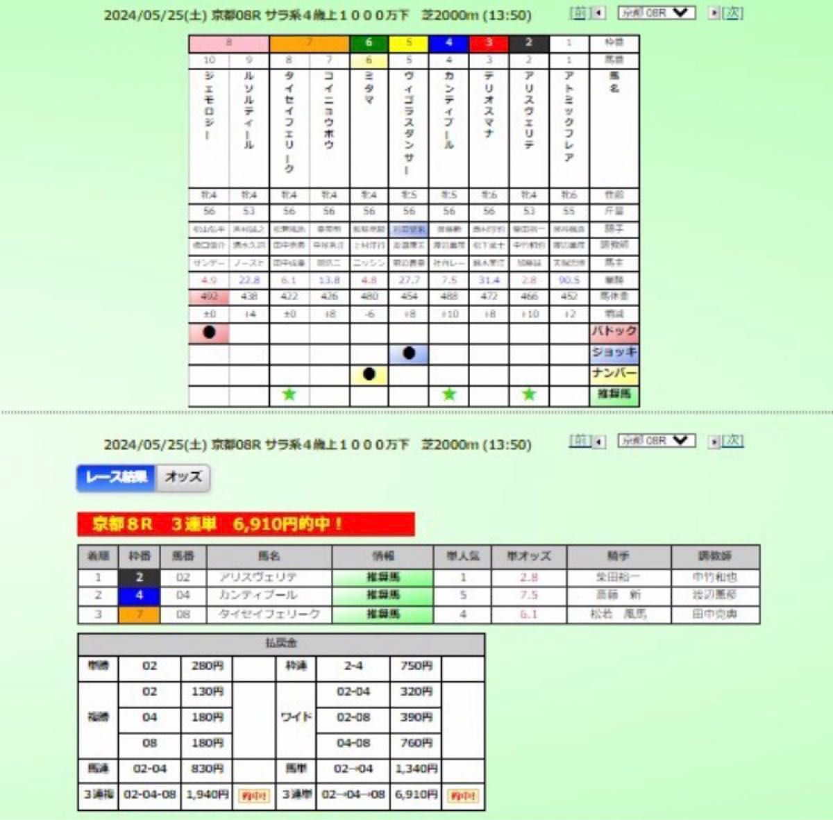 ２４年５月２５日（土）京都競馬３連単万馬券３本的中！東京競馬３連単２本的中！３連単１３本的中！