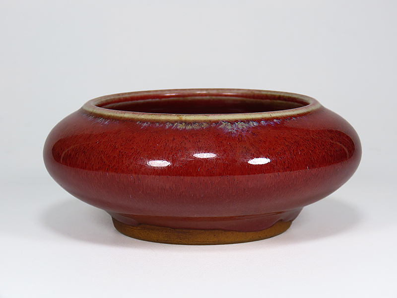 中国伝統工芸品陶器.辰砂釉の水盤.水孟.平壺.無傷。_画像8