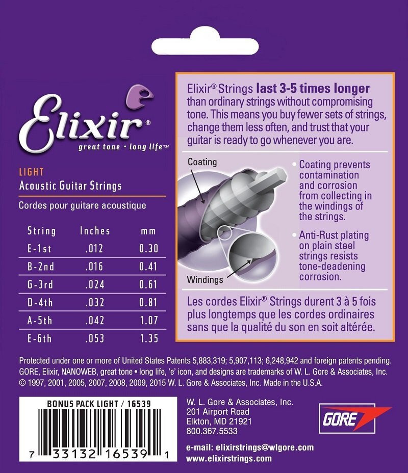 【vaps_4】Elixir エリクサー アコースティックギター弦 3セットパック NANOWEB 80/20ブロンズ Light .012-.053 #16539 送込の画像3