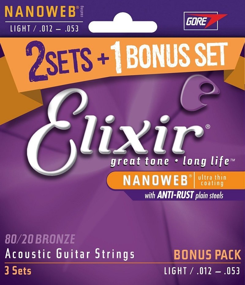 【vaps_4】Elixir エリクサー アコースティックギター弦 3セットパック NANOWEB 80/20ブロンズ Light .012-.053 #16539 送込の画像2