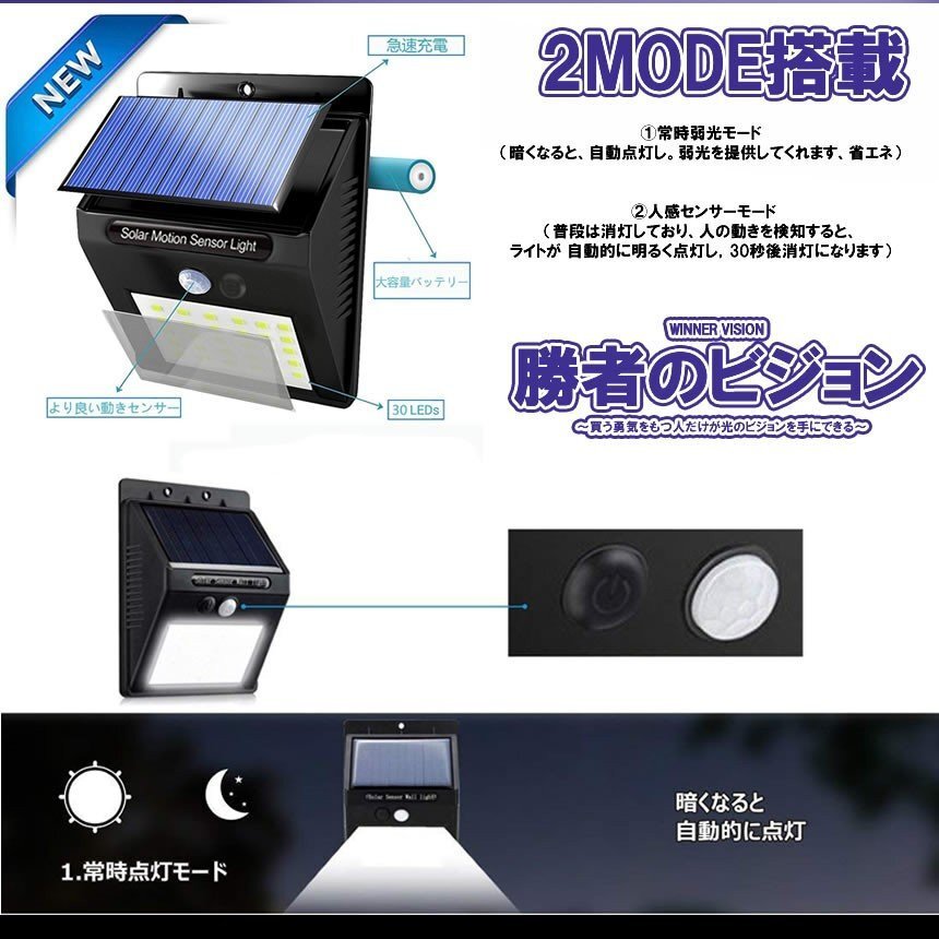 【vaps_3】自動点灯 30LED 防水 LEDセンサーライト 人感センサー ソーラー充電 屋外 照明 防犯 送込の画像3