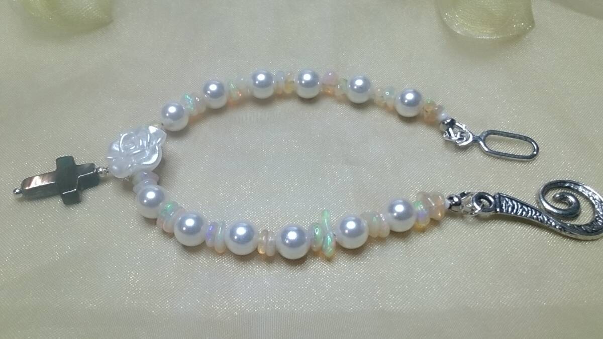 *NM*. pearl 8mm& opal & mother ob pearl Cross silver color bracele (*^^*)* inside diameter 17cm*B4