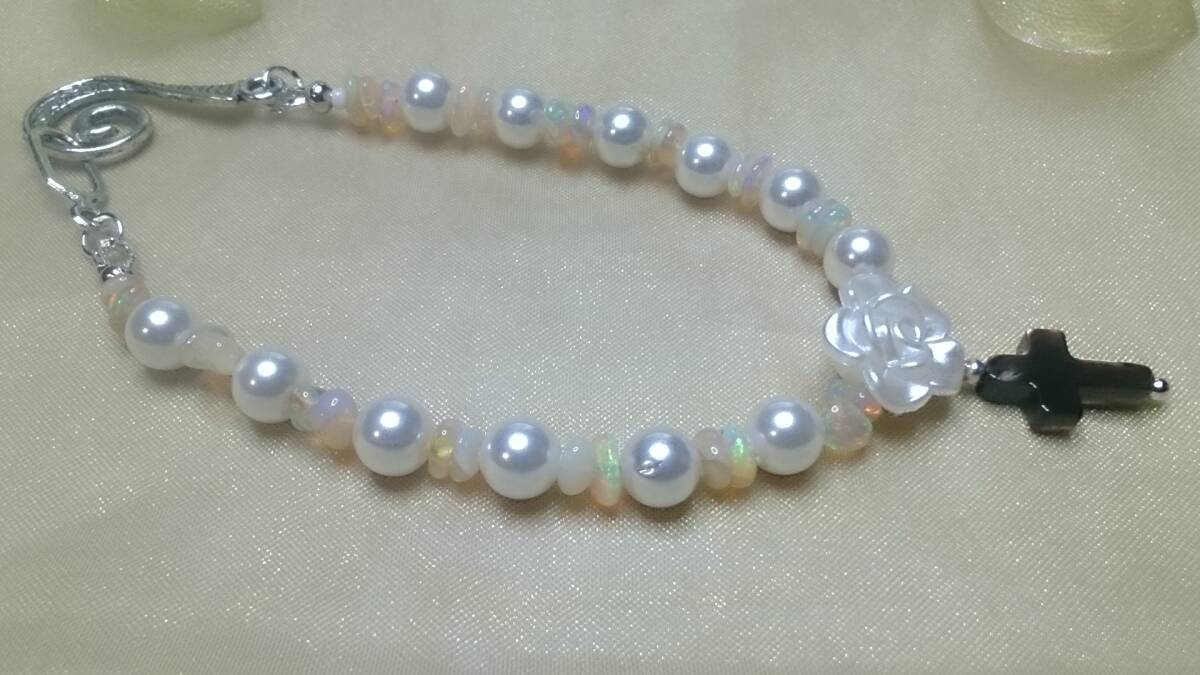 *NM*. pearl 8mm& opal & mother ob pearl Cross silver color bracele (*^^*)* inside diameter 17cm*B4