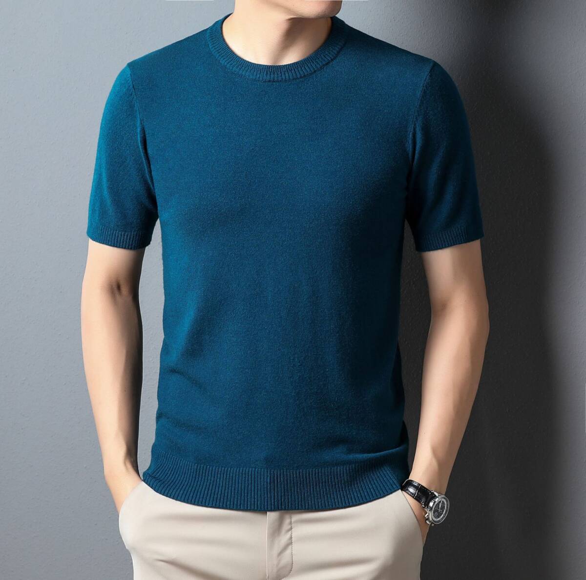 サマーセーター ニットTシャツ 半袖ニット メンズ サマーニット トップス カットソー カジュアル 青色 L_画像1