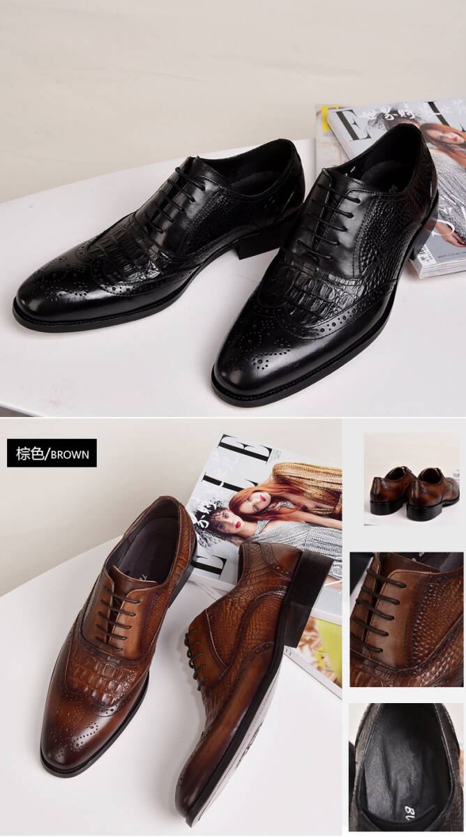 ビジネスシューズ　メンズシューズ　シューズ 靴　フォーマル ロングノーズ　ローカット　紐靴　紳士靴 ワニ柄 おしゃれ ブラック　25.5cm_画像2