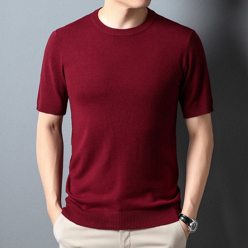 サマーセーター ニットTシャツ 半袖ニット メンズ サマーニット トップス カットソー カジュアル ワイン M_画像1