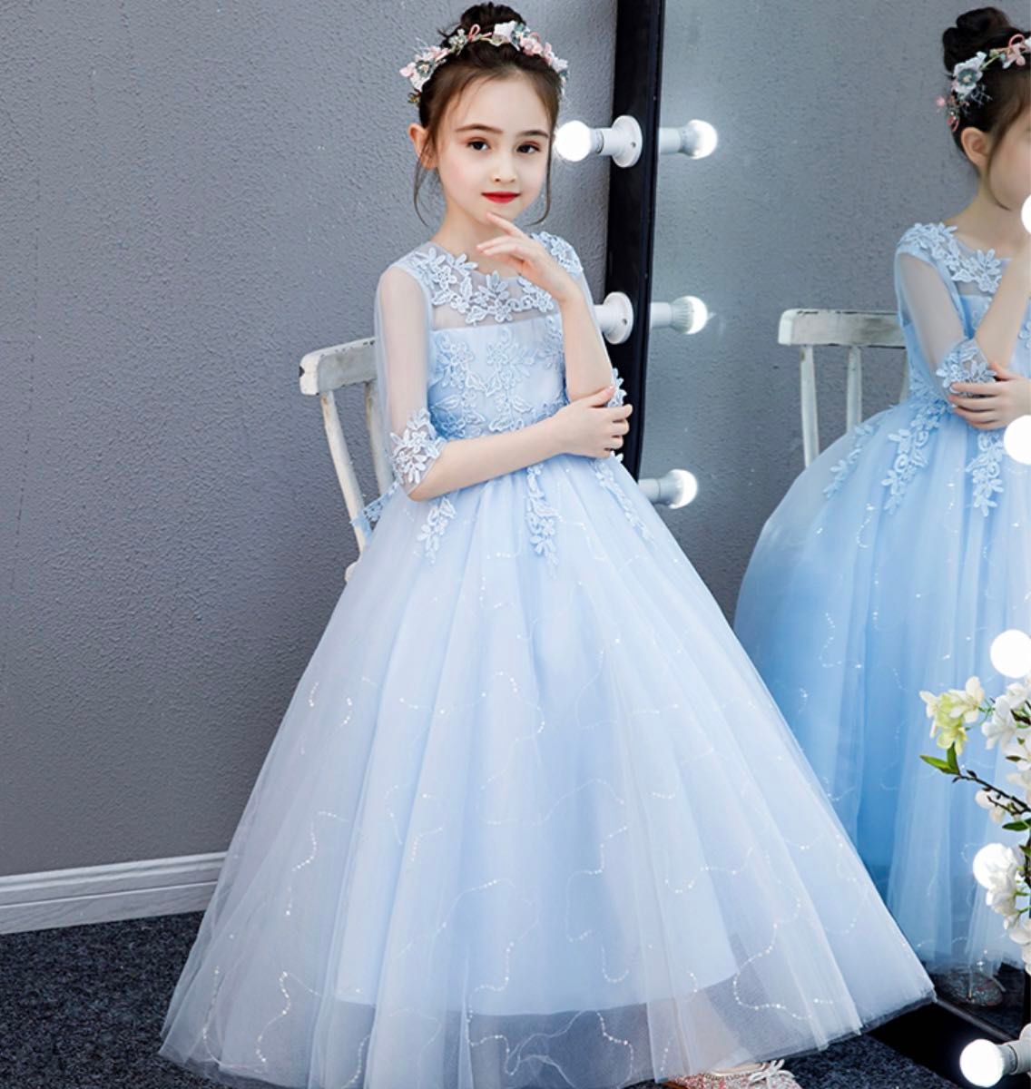 子供ドレス プリンセス フォーマル 発表会 結婚式 ブルー 水色 コンクールドレス 120cm