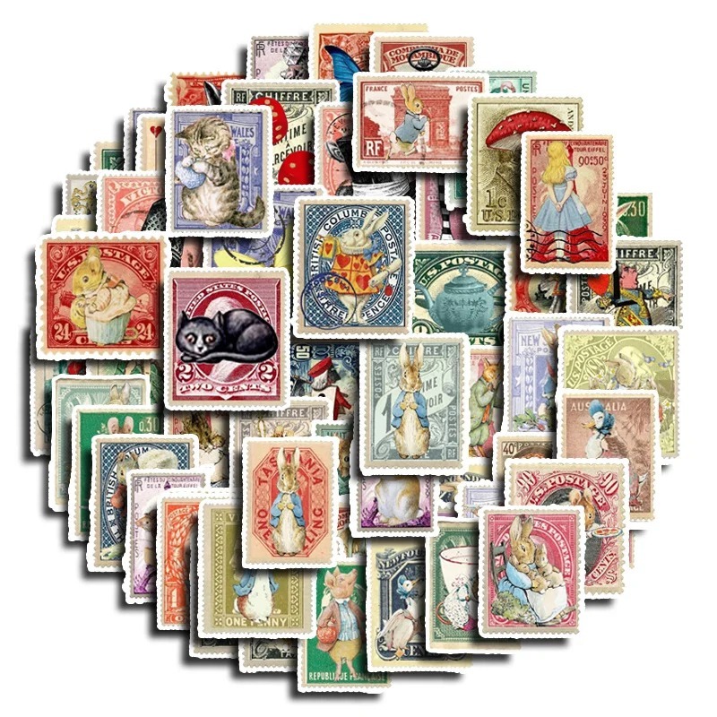 62枚セット 　レトロな切手風シール　ガーデンスタンプ　装飾　コラージュ素材　うさぎ　女の子 ねこ　　