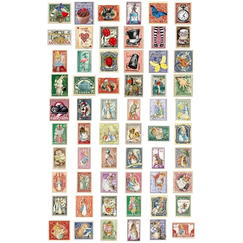 62枚セット 　レトロな切手風シール　ガーデンスタンプ　装飾　コラージュ素材　うさぎ　女の子 ねこ　　