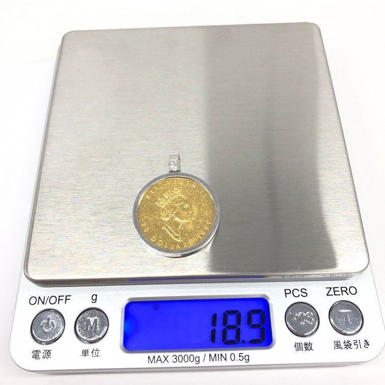 K24IG メイプルリーフ金貨 ペンダントトップ 枠Pt900 ダイヤ付き 総重量18.9ｇ【CEAL6017】_画像9