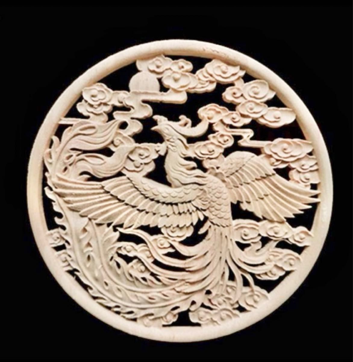 鳳凰 木製 レリーフ シノワズリ インテリア 金運 縁起物 木彫 置物 20cm