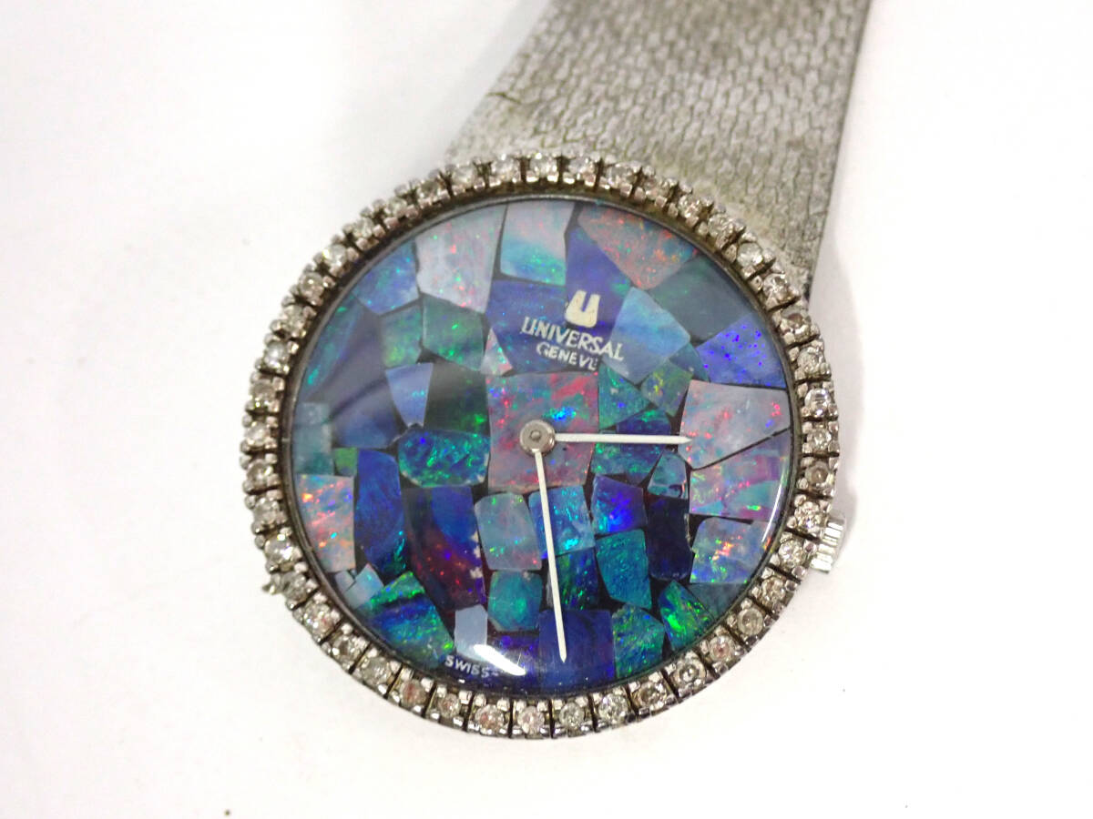  rare Universal Geneve/ universal june-b diamond bezel opal face hand winding men's wristwatch antique operation goods tube 221