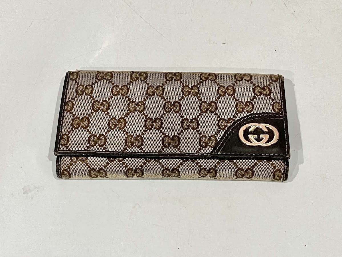  GUCCI グッチ 181595 0959 GG キャンバス ゴールド金具 二つ折り 長財布 ウォレット ベージュ ブラウン (24/5/19)_画像1