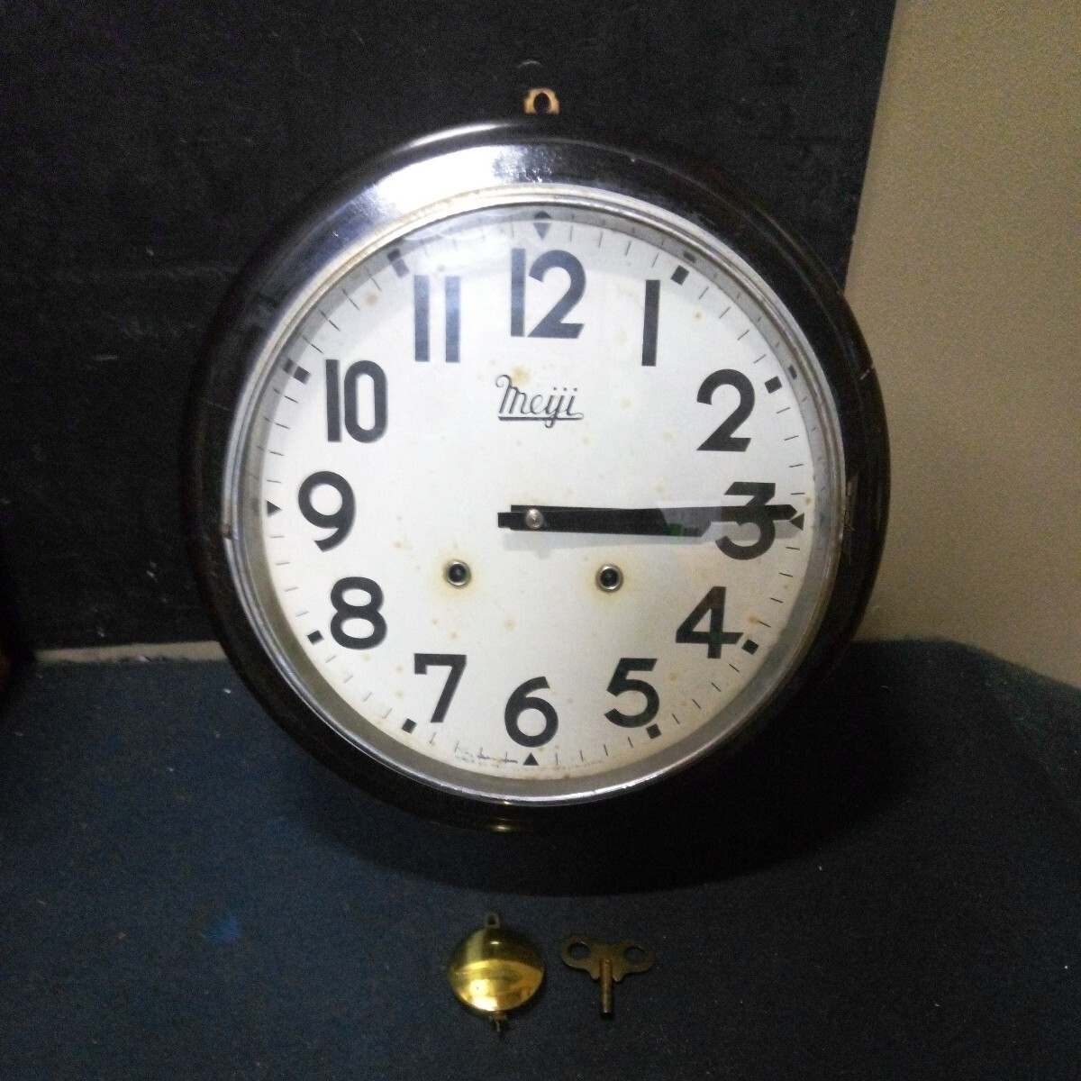 MEIJI CLOCK 明治時計 柱時計 掛時計 振り子時計 ボンボン時計 丸時計 直径約40cm 厚さ約12cm 昭和レトロ ジャンク AD-28 _画像1