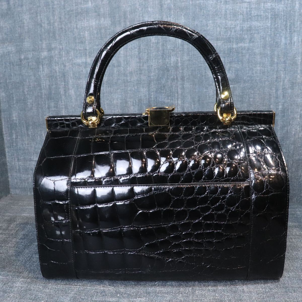 １円スタート クロコダイル シャイニング ゴールド金具 ハンドバッグ genuine crocodile エキゾチックレザー 1スタ ワニ革の画像4