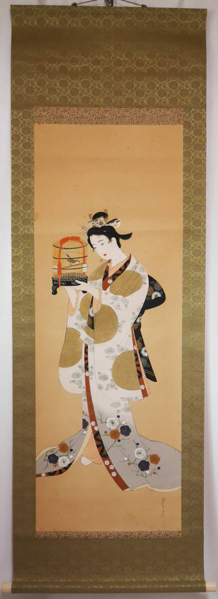 真作 肉筆画 掛軸 石川清彦作【佳人】 絹本 美人画 美人図 日本画 和美人逸品 Yahoo!オークション - 【真作】 【籠鳥に美人図】日本画家 石川