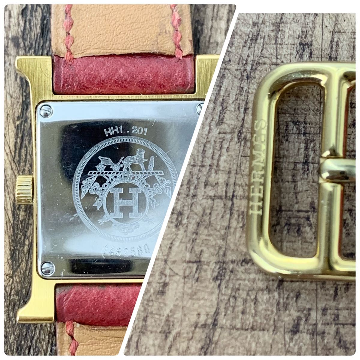 正規品 エルメス/HERMES HH1.210 Hウォッチ スクエア QZ レディース腕時計 ゴールド 金 レザー