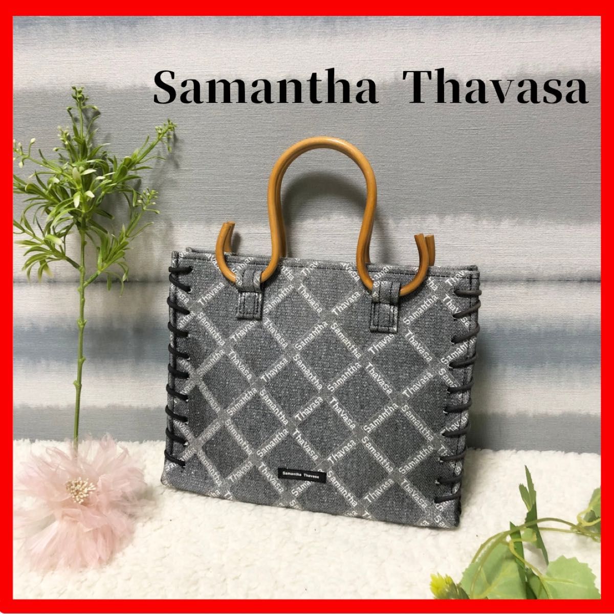 【Samantha Thavasa】サマンサタバサ　バンブー　竹　シルバー　ハンドバッグ　グレー　ロゴ　ラメ　チェック