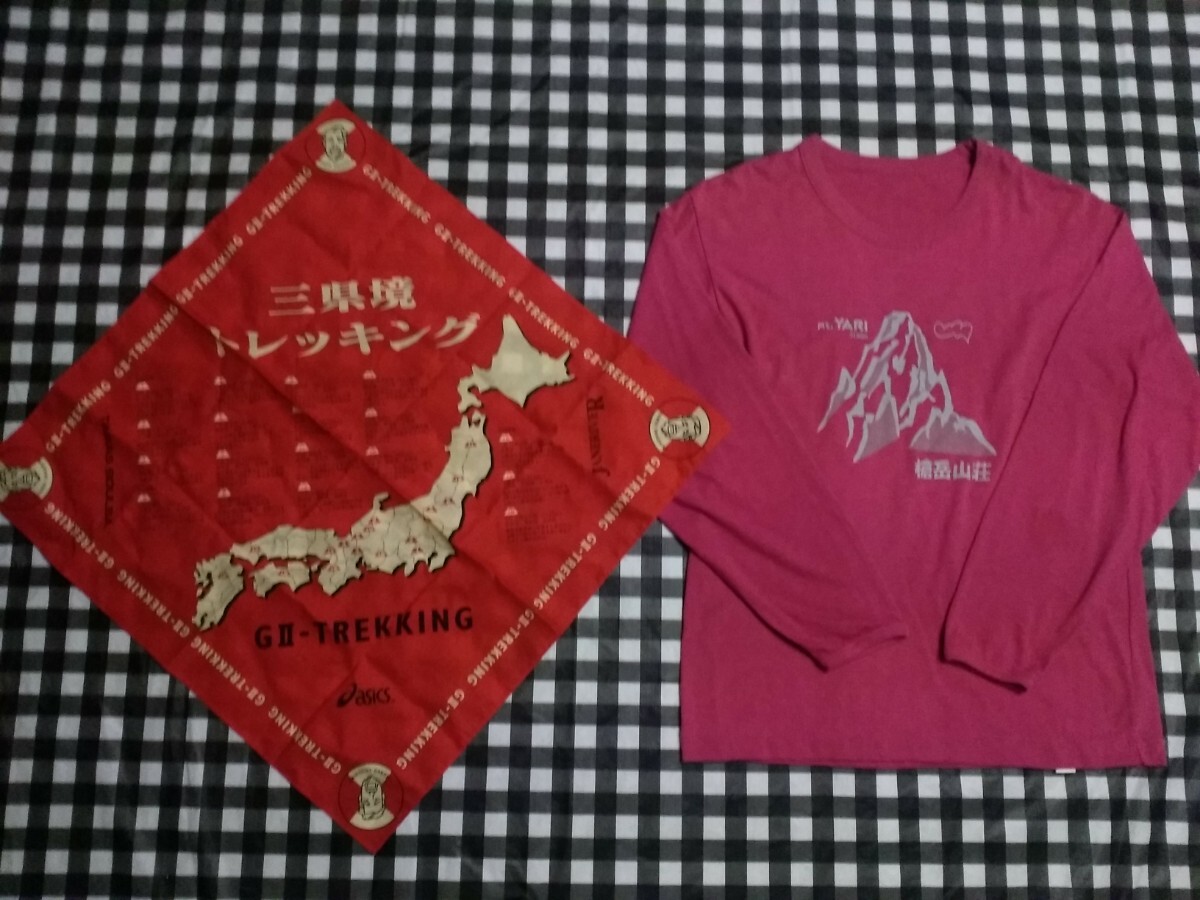 槍ヶ岳山荘Tシャツ&アシックス製ハンカチ　日本製長袖シャツ/Mサイズ相当　ピンク系+赤　登山/トレッキング　特価_画像1