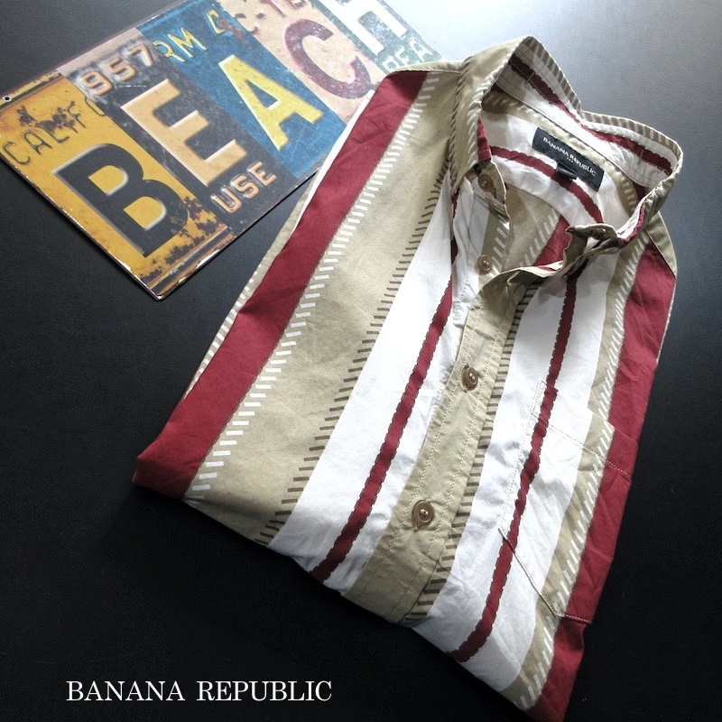 【BANANA REPUBLIC バナナリパブリック / USA】ストライプ ステッチプリント BD 半袖シャツ!!_画像1