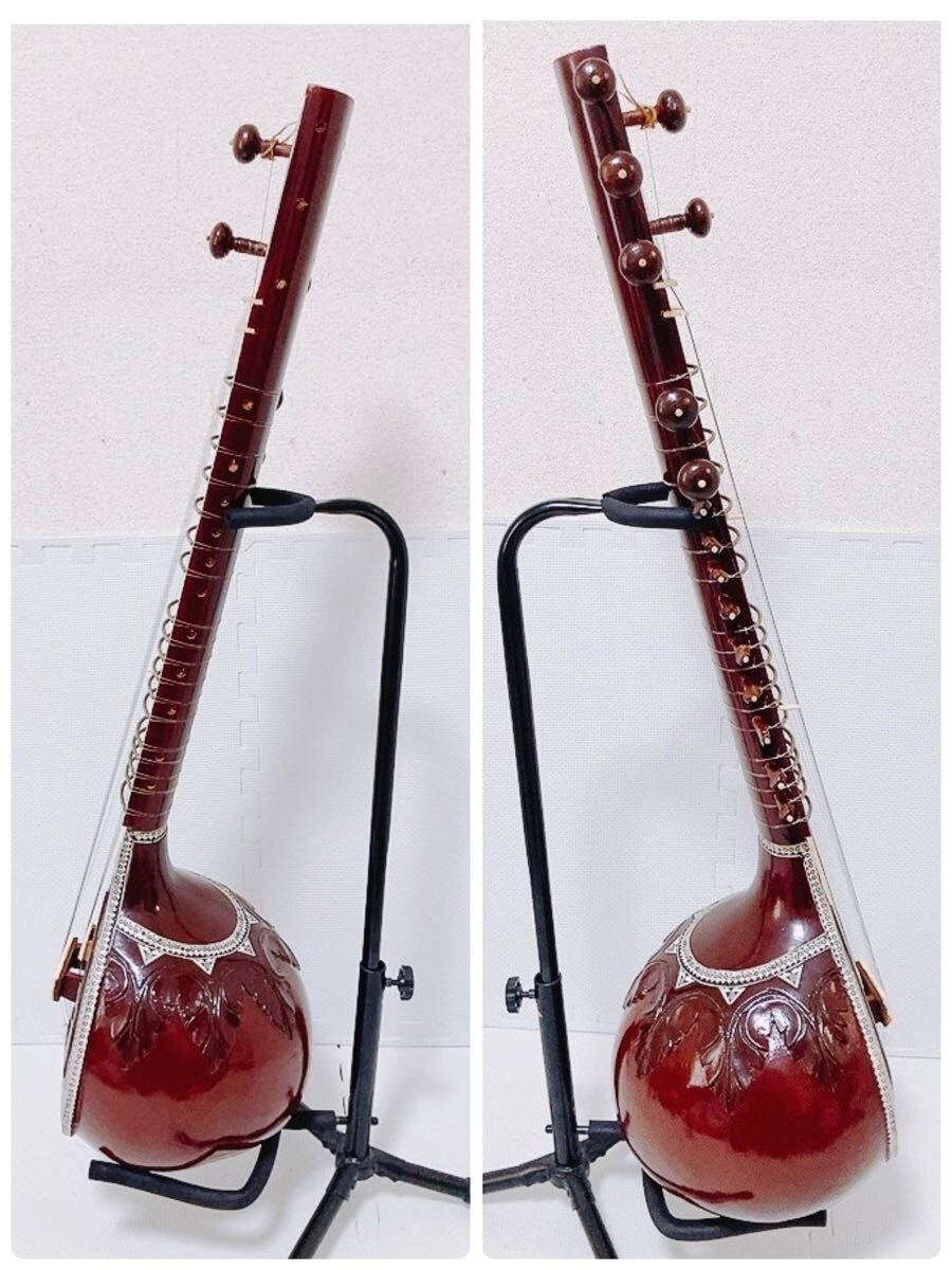 シタール sitar ハードケース付 インド 民族楽器 全長約93cm 装飾 木彫り植物柄模様ボディ 楽器 弦楽器_画像6