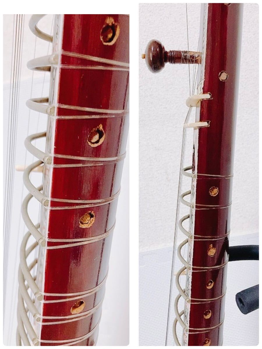 シタール sitar ハードケース付 インド 民族楽器 全長約93cm 装飾 木彫り植物柄模様ボディ 楽器 弦楽器_画像8