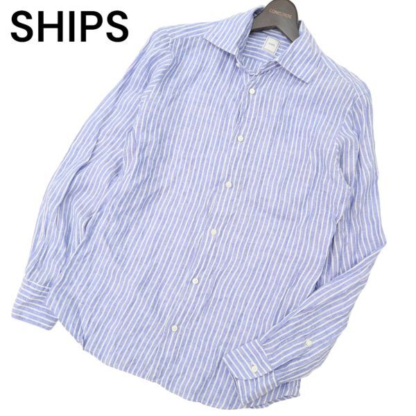 SHIPS シップス 春夏 TESSITURA MONTI イタリア製生地★ 麻 リネン100％ 長袖 ストライプ シャツ Sz.M　メンズ　C4T04131_4#A_画像1