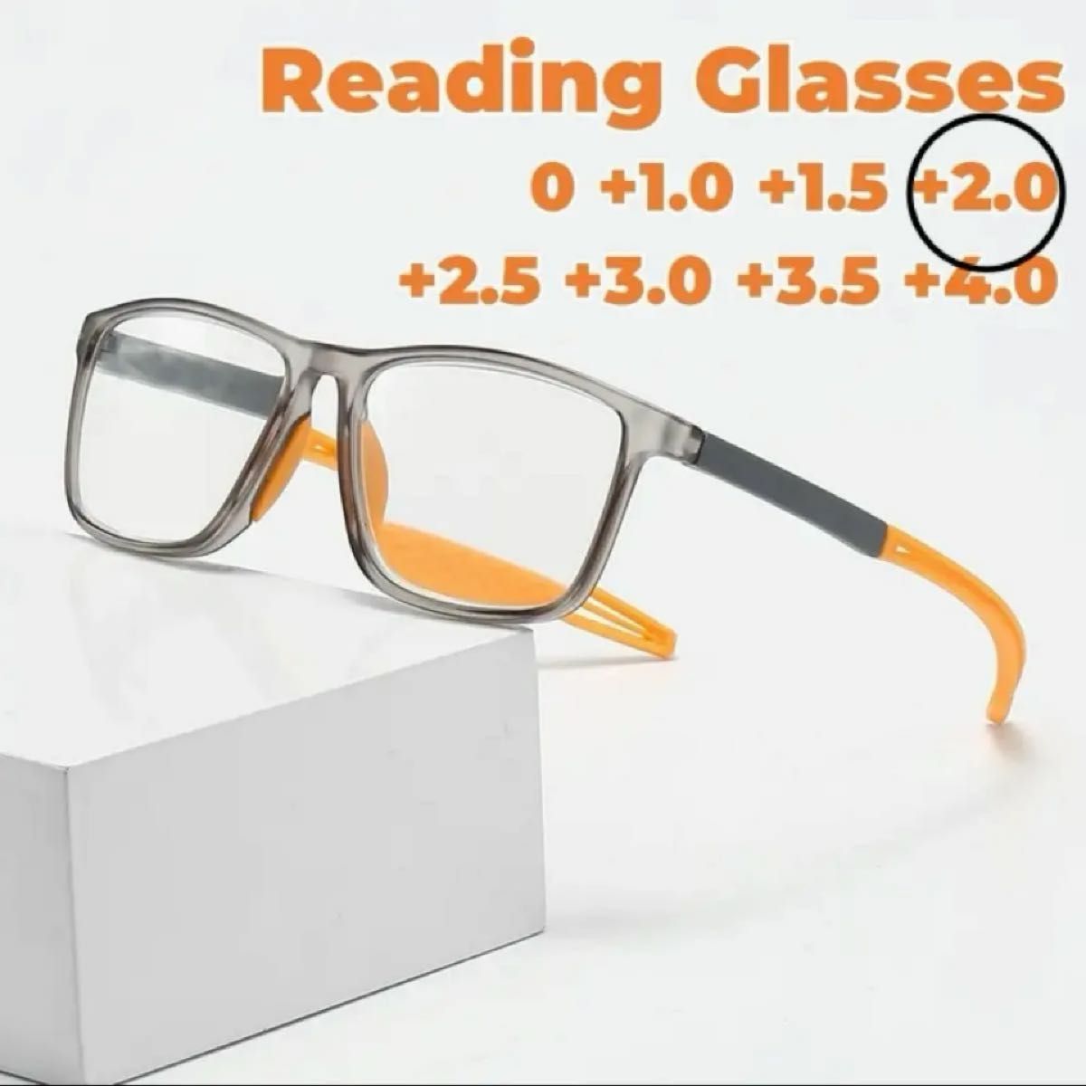[新品・未使用品]老眼鏡 リーディンググラス シニアグラス ＋2.0 GR/OR ユニセックス(男女兼用)ブルーライトカットモデル