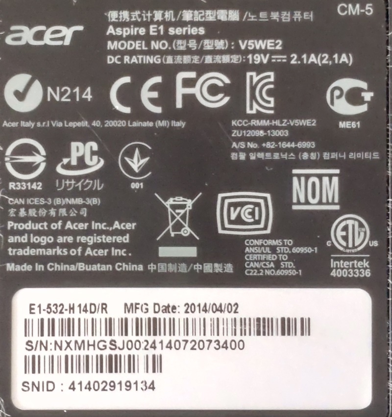 042625 acer Aspire E1-532-H14D/R Celeron 2957U Mem8GB HDD500GB Win8.1 JUNK