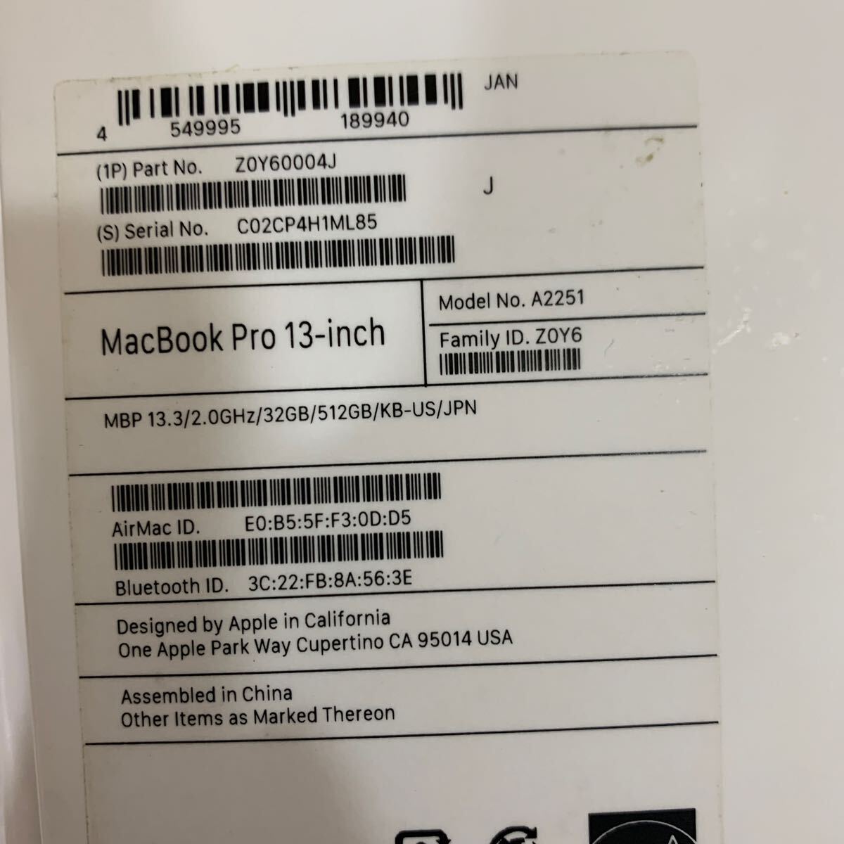 Apple MacBook Pro 13インチ　A2251 i5 メモリ32GB 512GB 初期化済　動作確認済　（05.10）_画像5