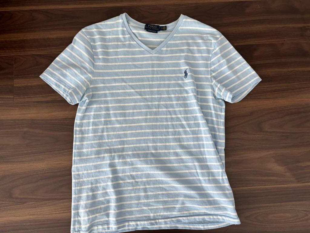 ポロラルフローレン ボーダー Tシャツ SP(S-M) メンズ 水色　Polo Ralph Lauren vネック　半袖　半袖Tシャツ　_画像1
