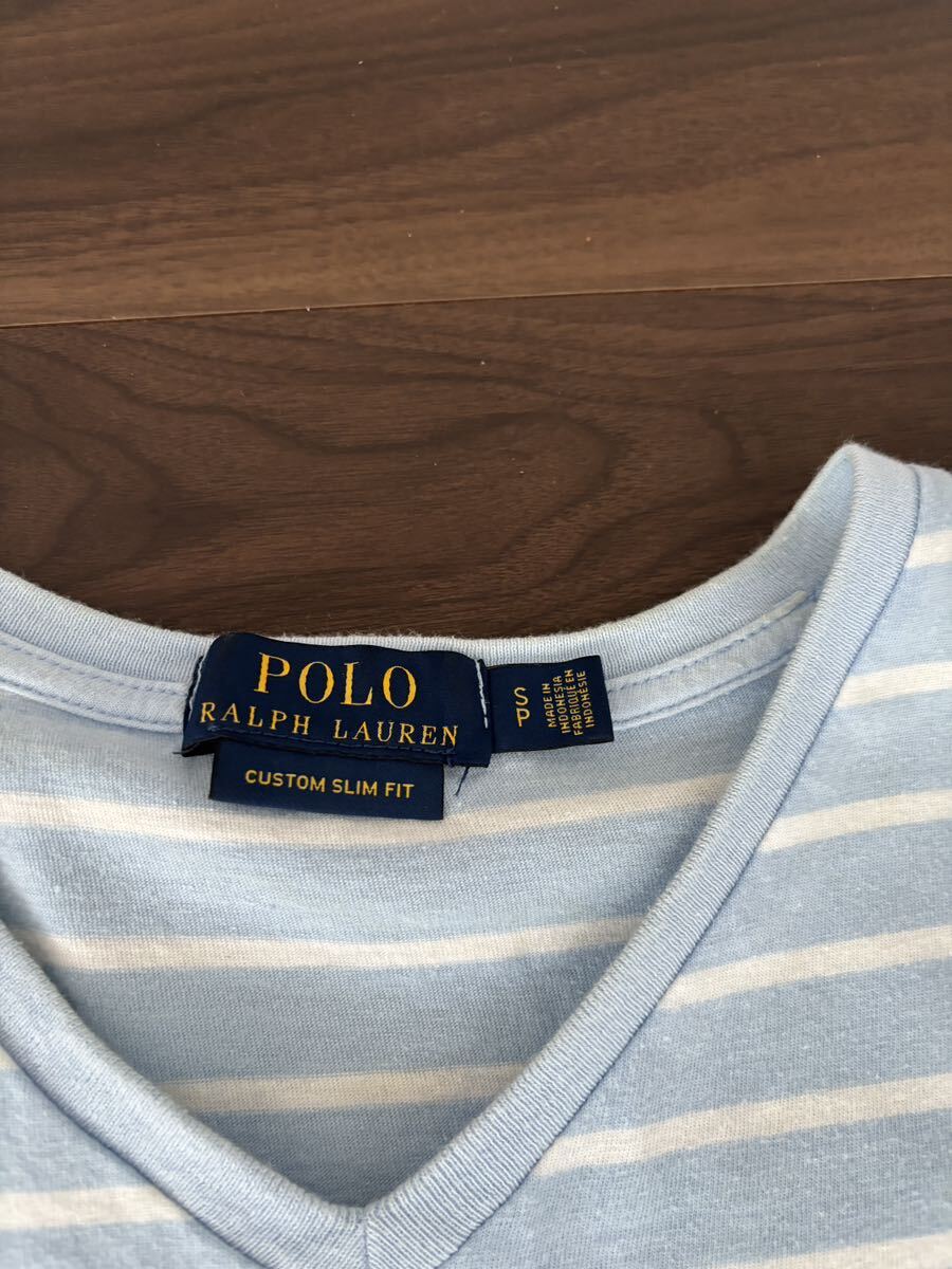 ポロラルフローレン ボーダー Tシャツ SP(S-M) メンズ 水色　Polo Ralph Lauren vネック　半袖　半袖Tシャツ　_画像2