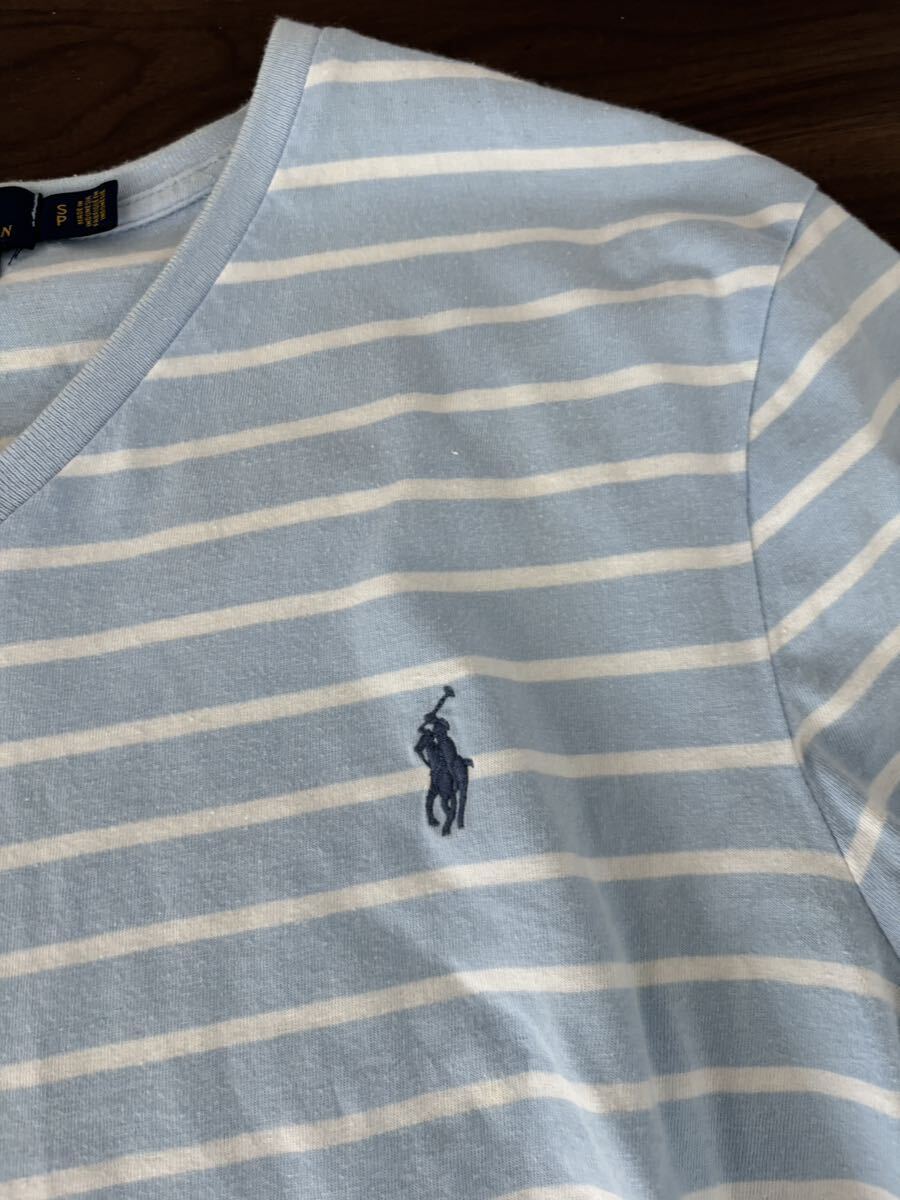ポロラルフローレン ボーダー Tシャツ SP(S-M) メンズ 水色　Polo Ralph Lauren vネック　半袖　半袖Tシャツ　_画像3