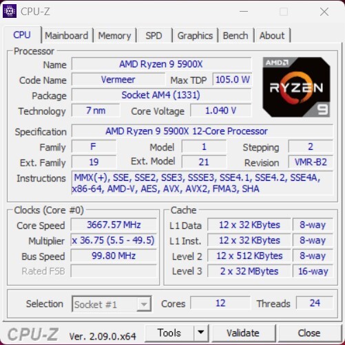 AMD RYZEN9 5900X 3.7GHz 12コア24スレッド Socket AM4 動作確認済みの画像5