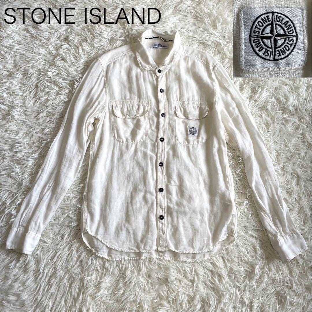 【ストーンアイランド】STONE ISLAND　長袖シャツ ヴィンテージ 白 綿 コットン　麻 リネン　M相当 ワッペン_画像1