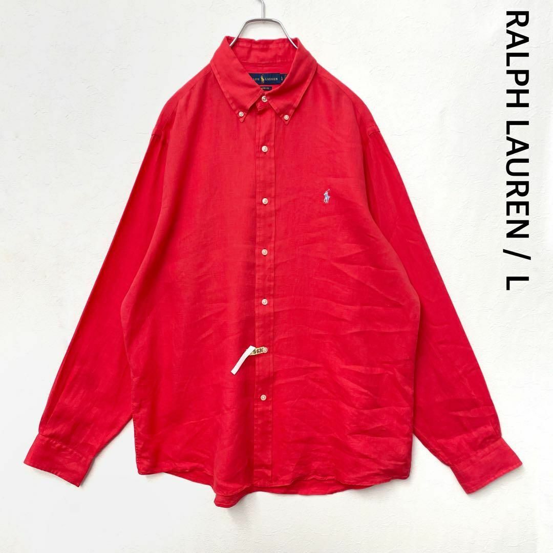 ラルフローレン リネン100% ボタンダウン ポニー刺繍 水色 長袖シャツ 朱色 メンズLサイズ POLO RALPH LAURENの画像1