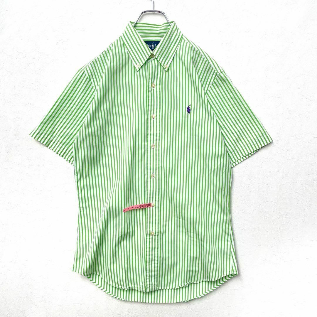 ポロラルフローレン　90年代　ストライプ　ポニー　ボタンダウン　半袖シャツ　緑　白　メンズSサイズ　POLO RALPH LAUREN_画像9