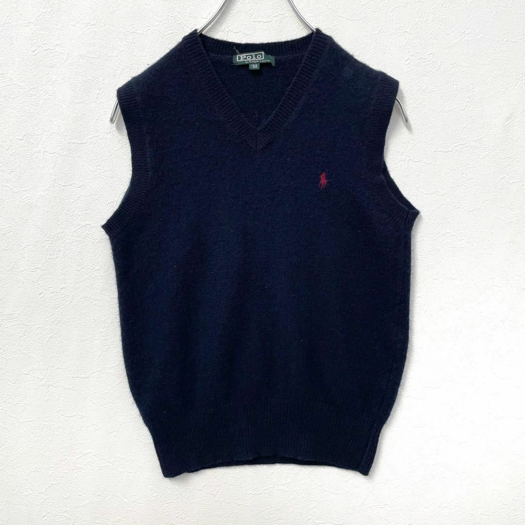 90s Vintage Ralph Lauren po knee embroidery V neck wool knitted the best navy Kids 150cm POLO RALPH LAUREN