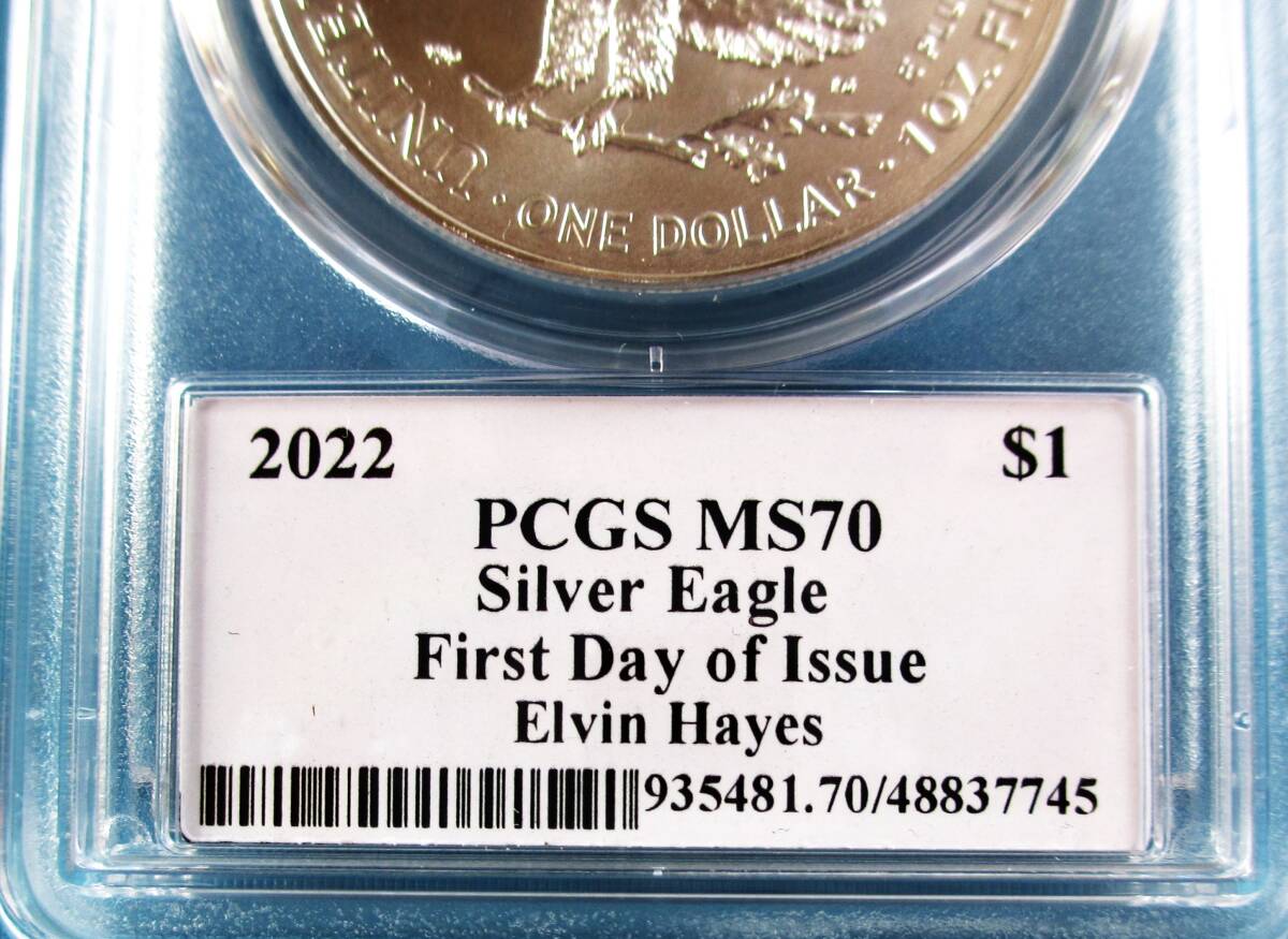 ★★ 最高鑑定 シルバーイーグル 2022年 NBAレジェンド Elvin Hayes 直筆サイン １$ .999銀貨 PCGS MS70 First Day ★★の画像5