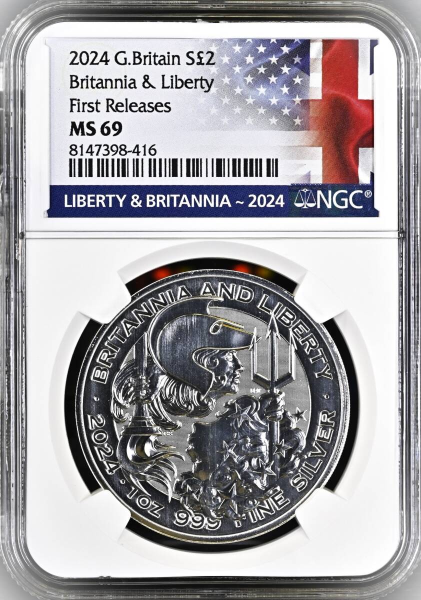 ★★ イギリス 2024年 ブリタニア＆リバティ 2￡ 1oz.999銀貨 NGC MS69 First Releases　★★_画像1