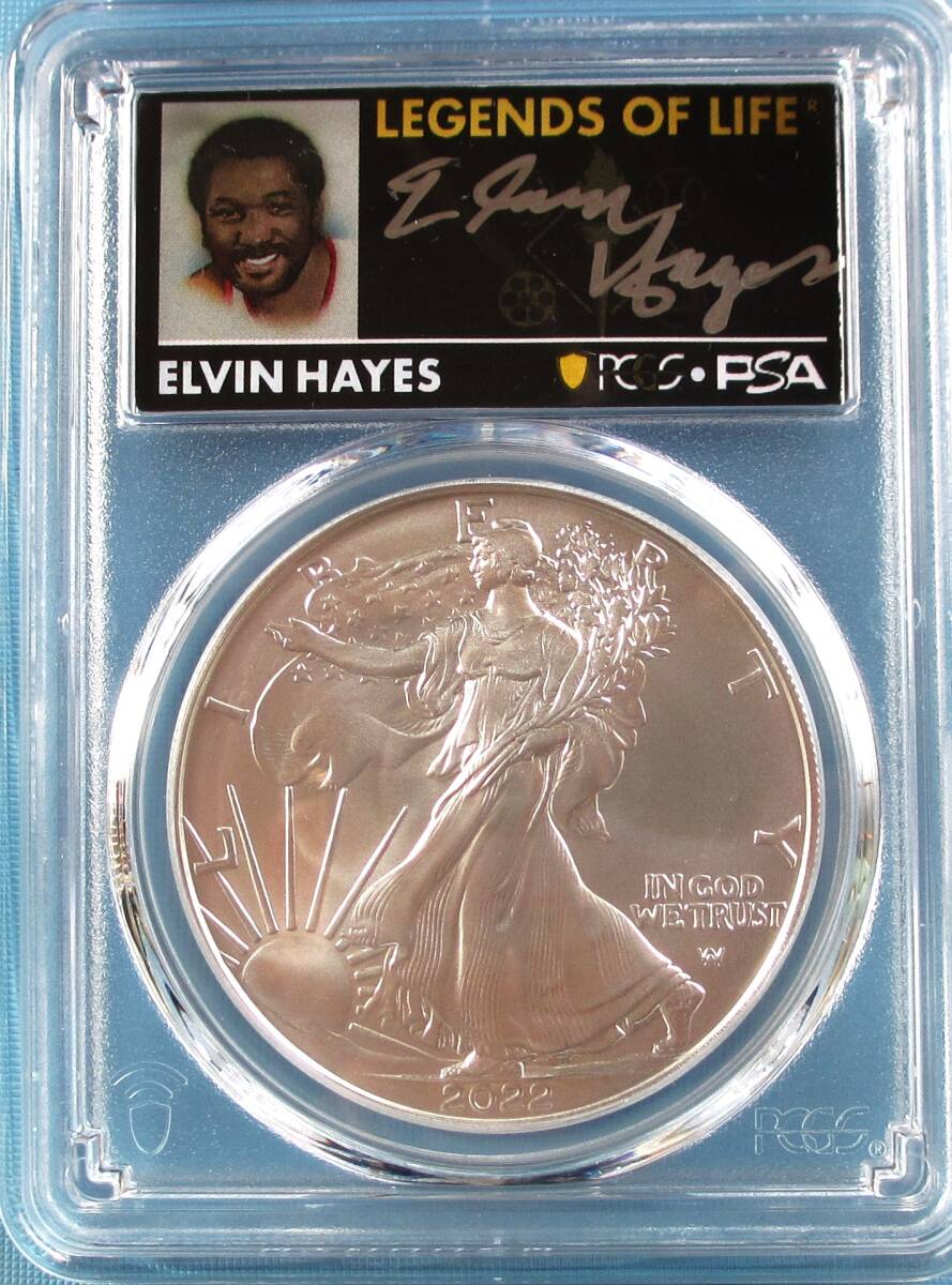 ★★ 最高鑑定 シルバーイーグル 2022年 NBAレジェンド Elvin Hayes 直筆サイン １$ .999銀貨 PCGS MS70 First Day ★★の画像1