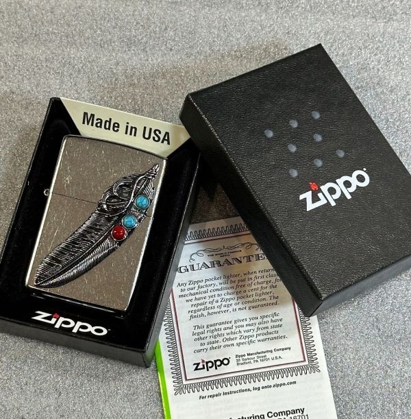■新品 ZIPPO ネイティブ アメリカン ターコイズ インディアン フェザー 羽 イーグル 鷹 ライター ジッポー 喫煙具 メタル貼り U31_画像2